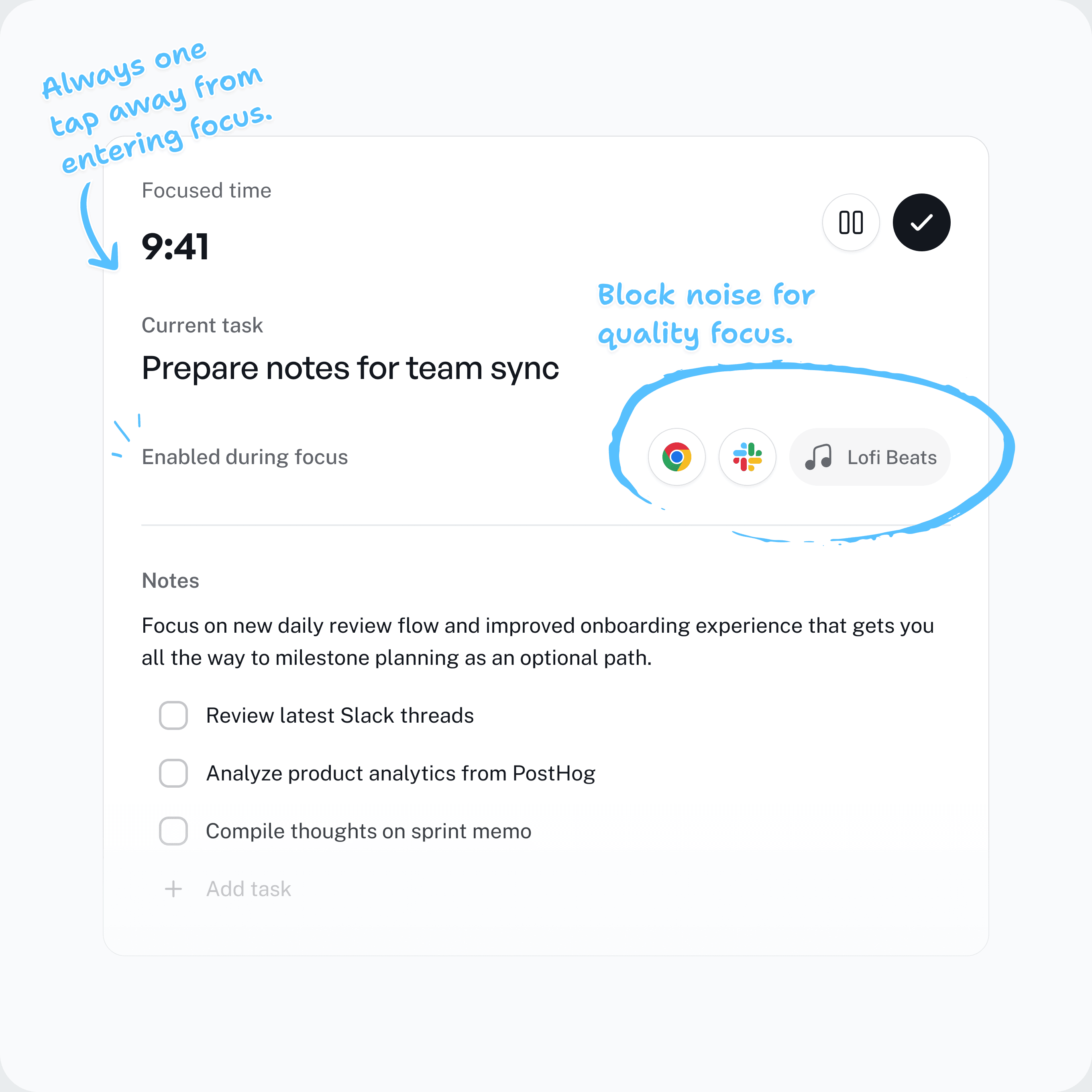 Superfocus focus mode interface showing current task, blockers, music, and notes