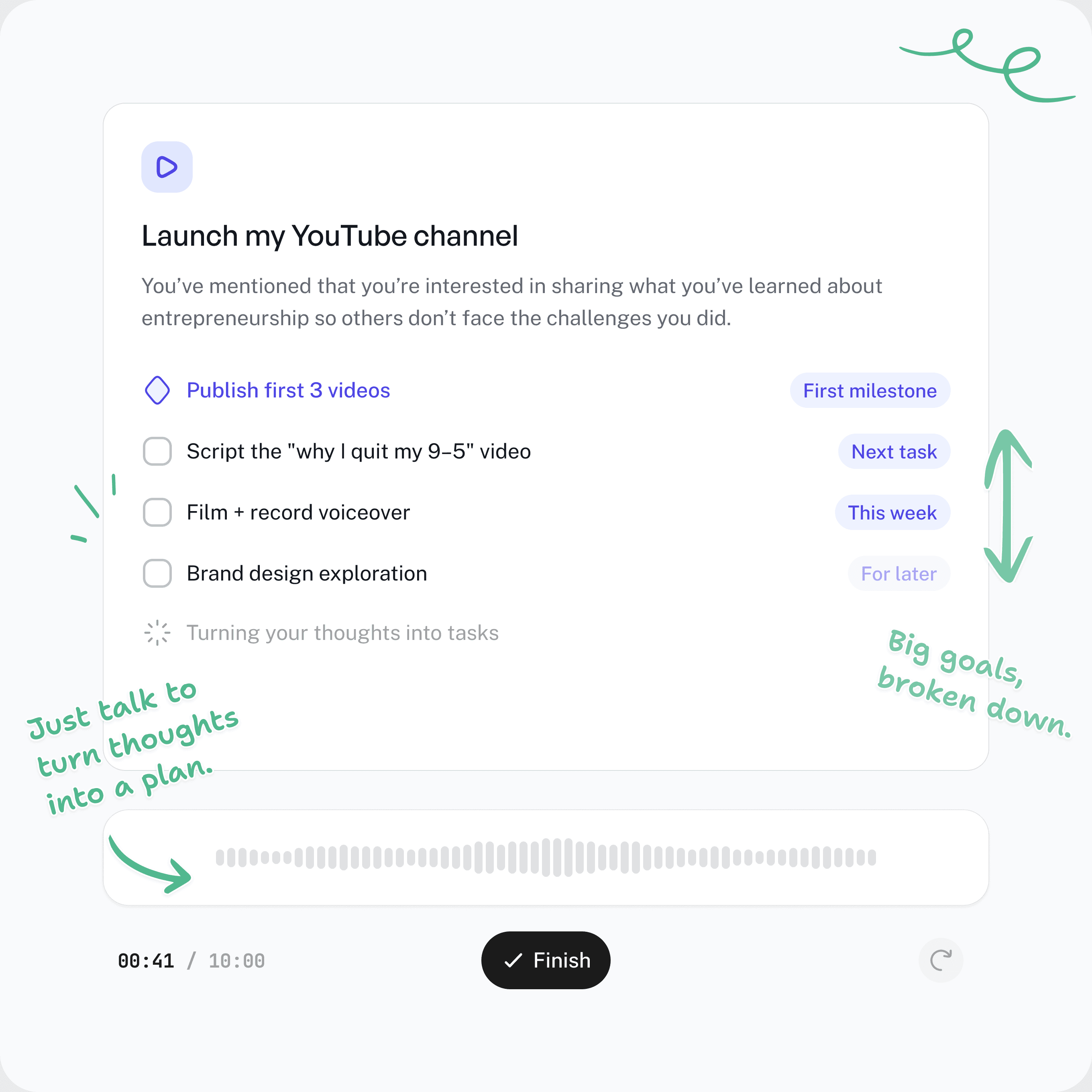 Superfocus planning interface with goal breakdown and voice-to-plan controls